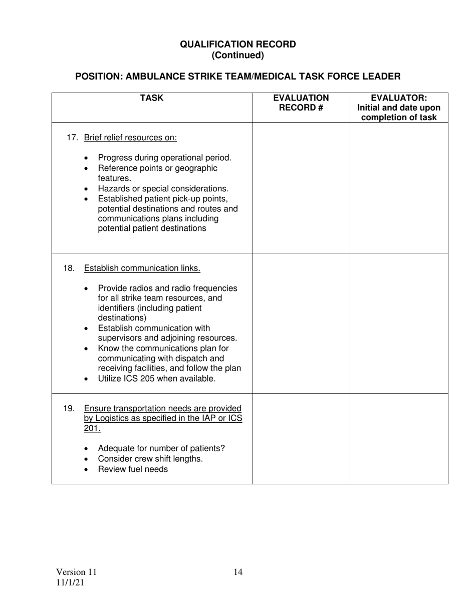 Position Task Book (Ptb) for Ambulance Strike Team / Medical Task Force Leader - California, Page 14