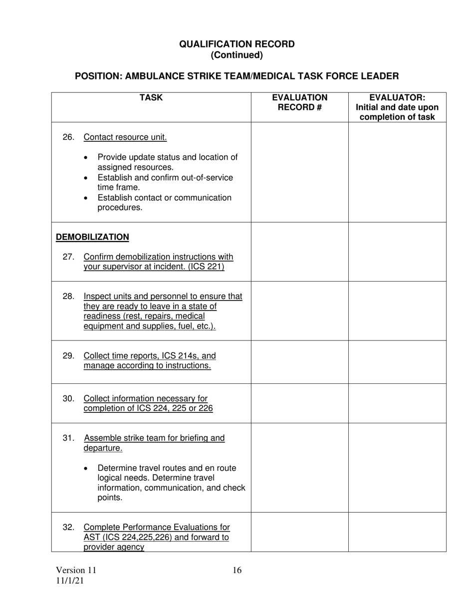 Position Task Book (Ptb) for Ambulance Strike Team / Medical Task Force Leader - California, Page 16