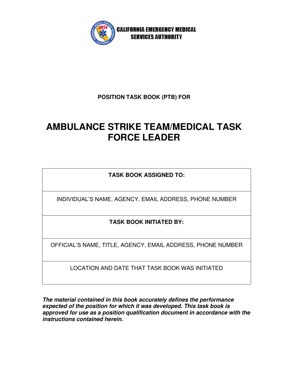 Position Task Book (Ptb) for Ambulance Strike Team / Medical Task Force Leader - California, Page 1