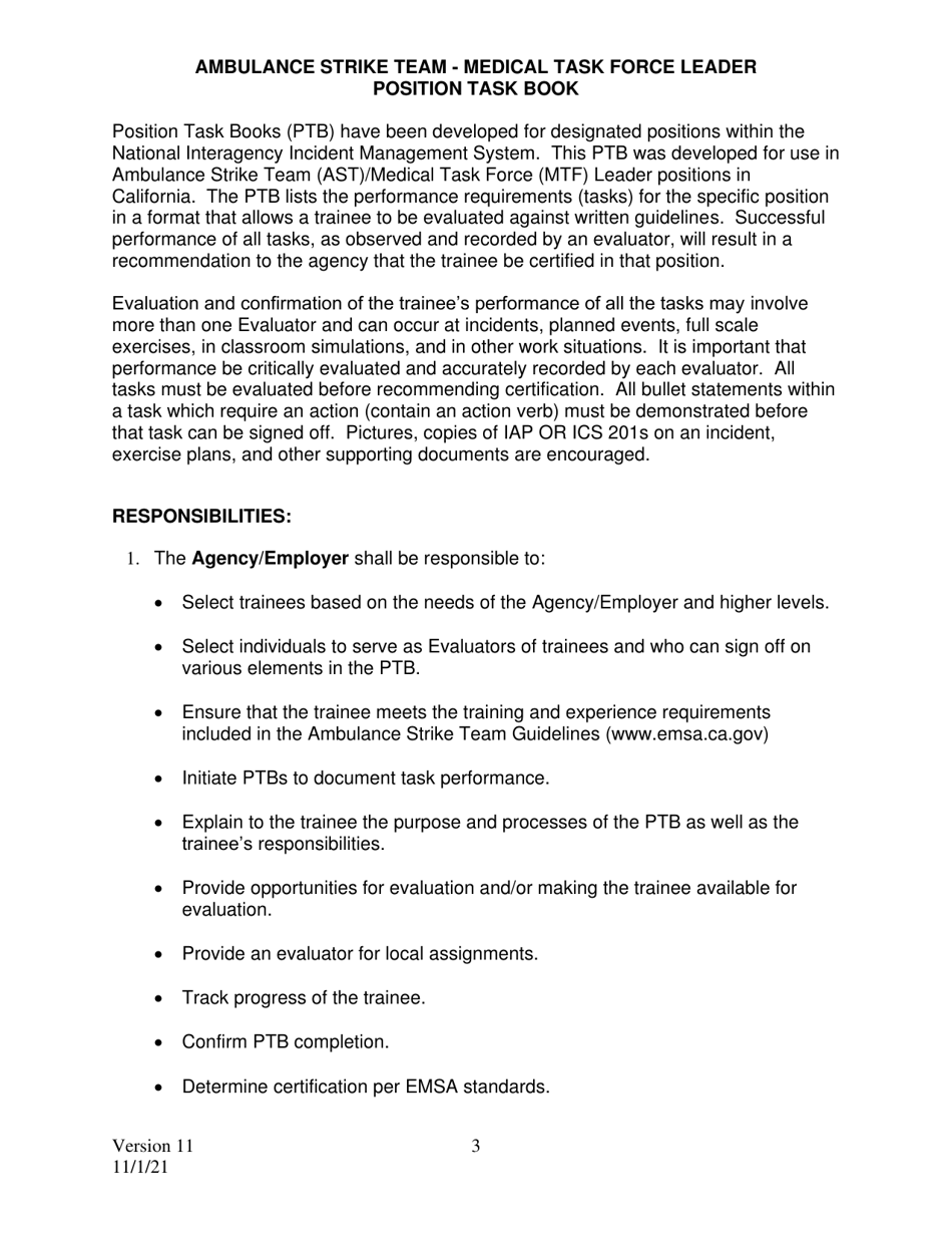 California Position Task Book (Ptb) for Ambulance Strike Team/Medical ...