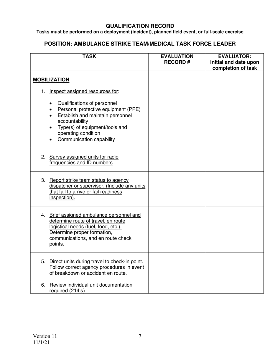 Position Task Book (Ptb) for Ambulance Strike Team / Medical Task Force Leader - California, Page 7