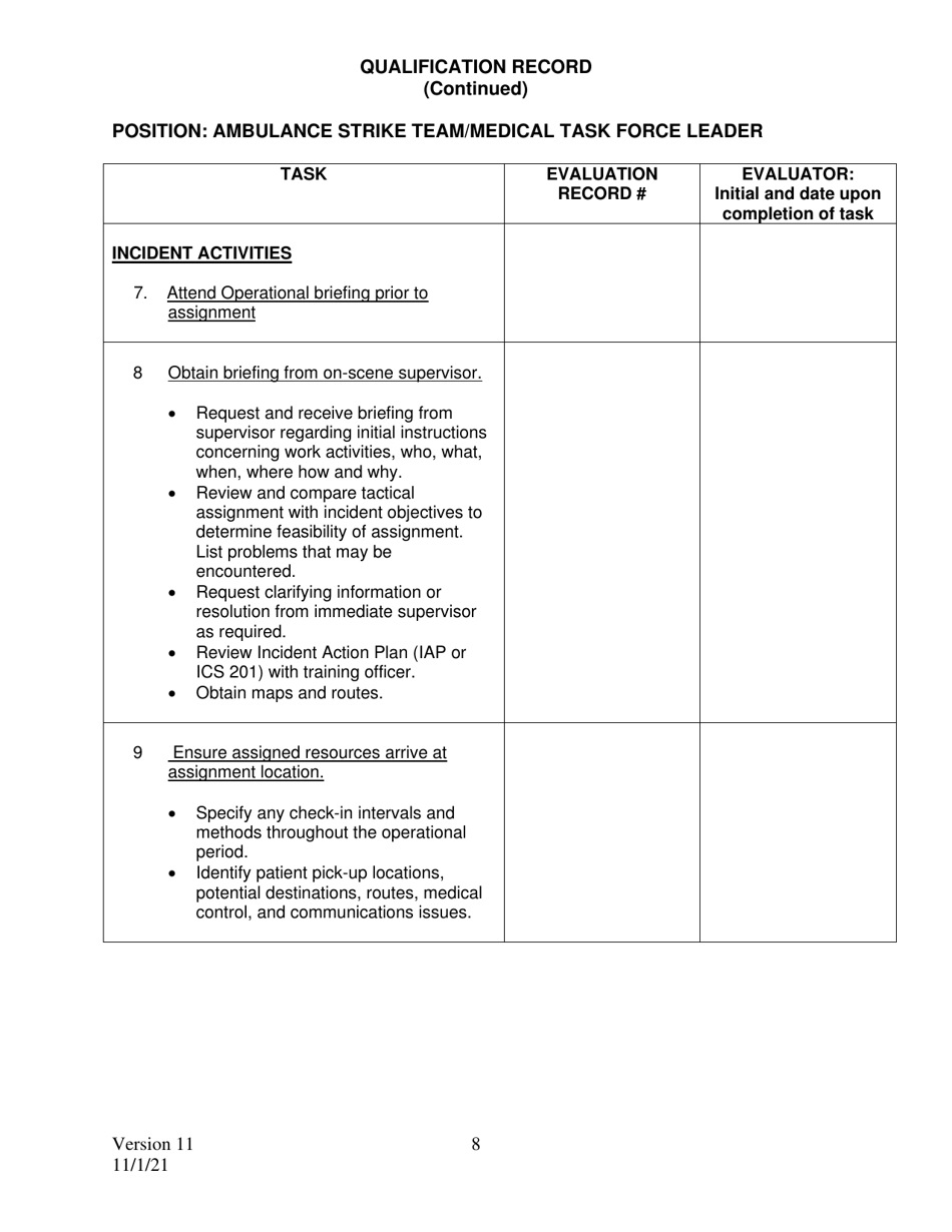 Position Task Book (Ptb) for Ambulance Strike Team / Medical Task Force Leader - California, Page 8