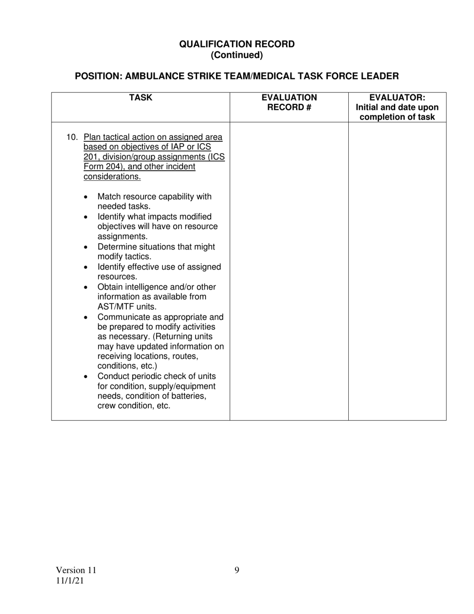 Position Task Book (Ptb) for Ambulance Strike Team / Medical Task Force Leader - California, Page 9
