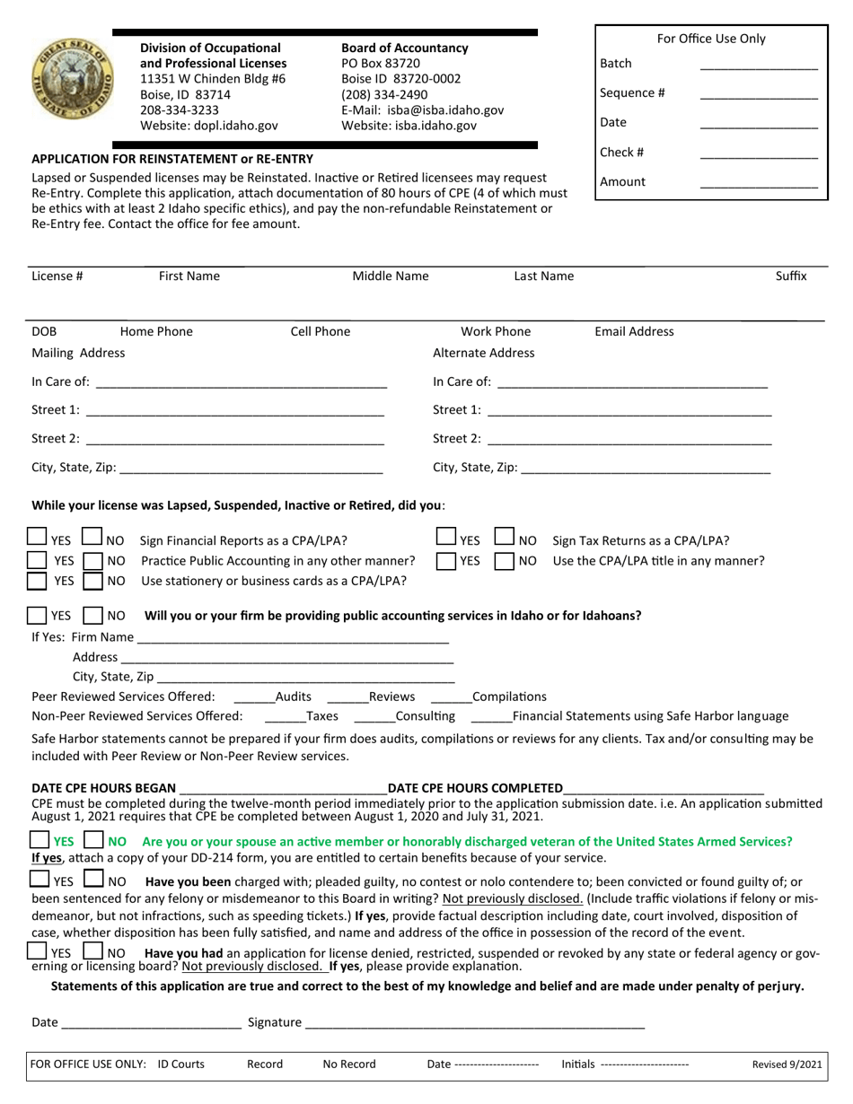Application for Reinstatement or Re-entry - Idaho, Page 1