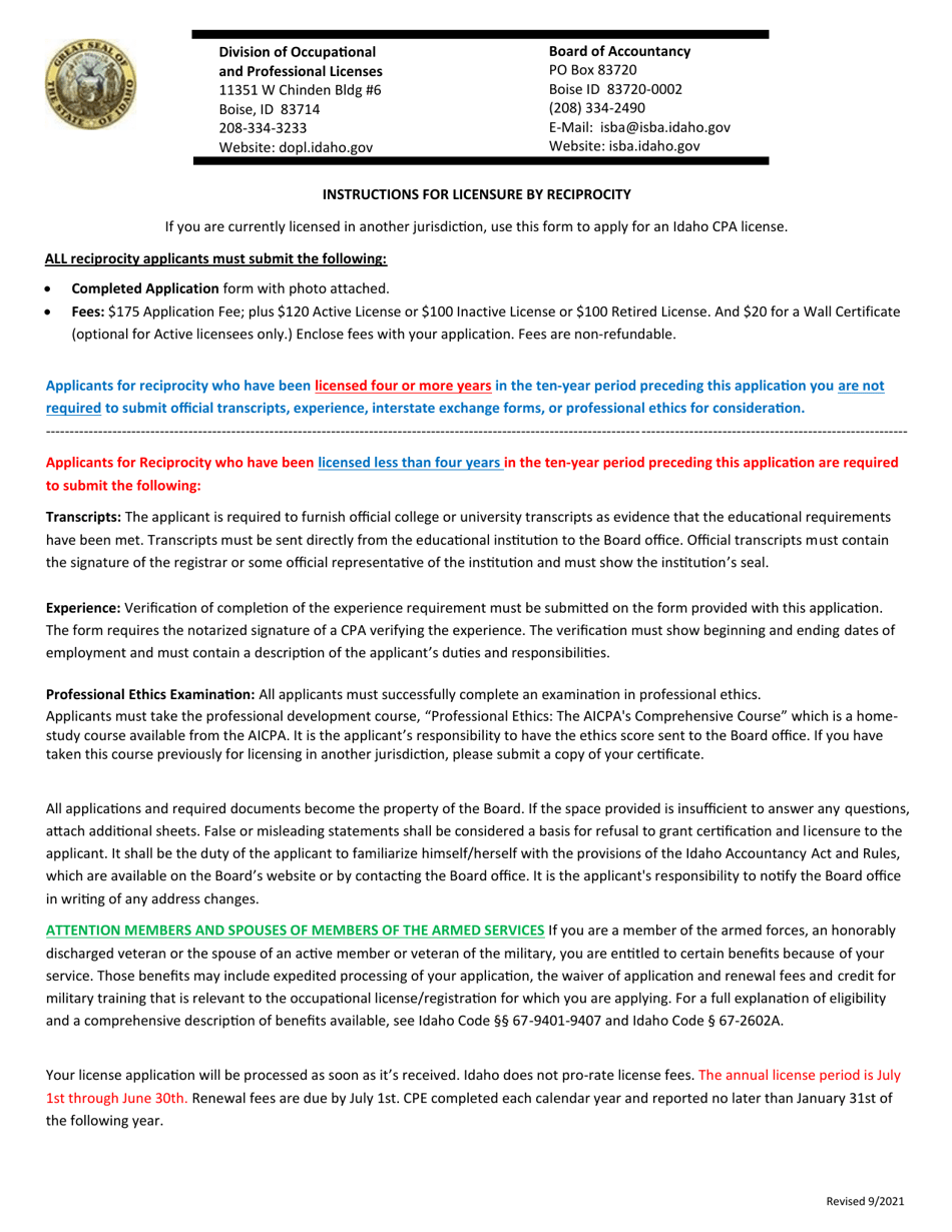 CPA License by Reciprocity - Idaho, Page 1