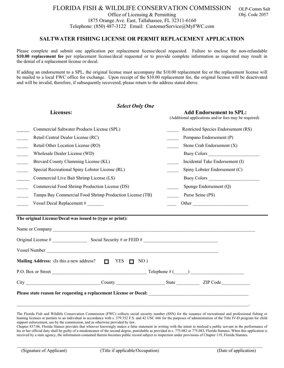 Saltwater Fishing License or Permit Replacement Application - Florida, Page 1