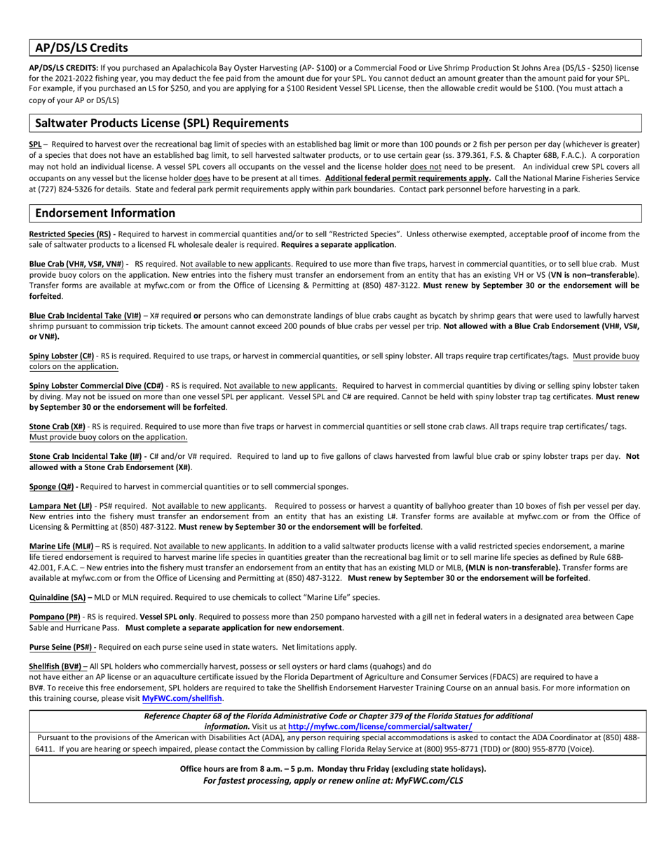 Florida Saltwater Products License (Spl) Application for Individuals - Florida, Page 2