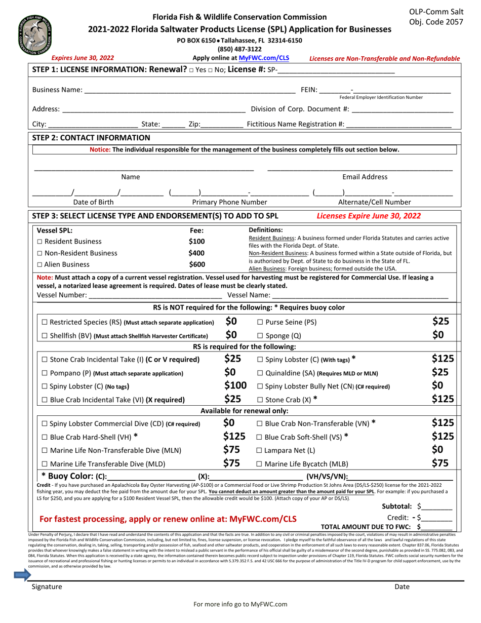 Florida Saltwater Products License (Spl) Application for Businesses - Florida, Page 1