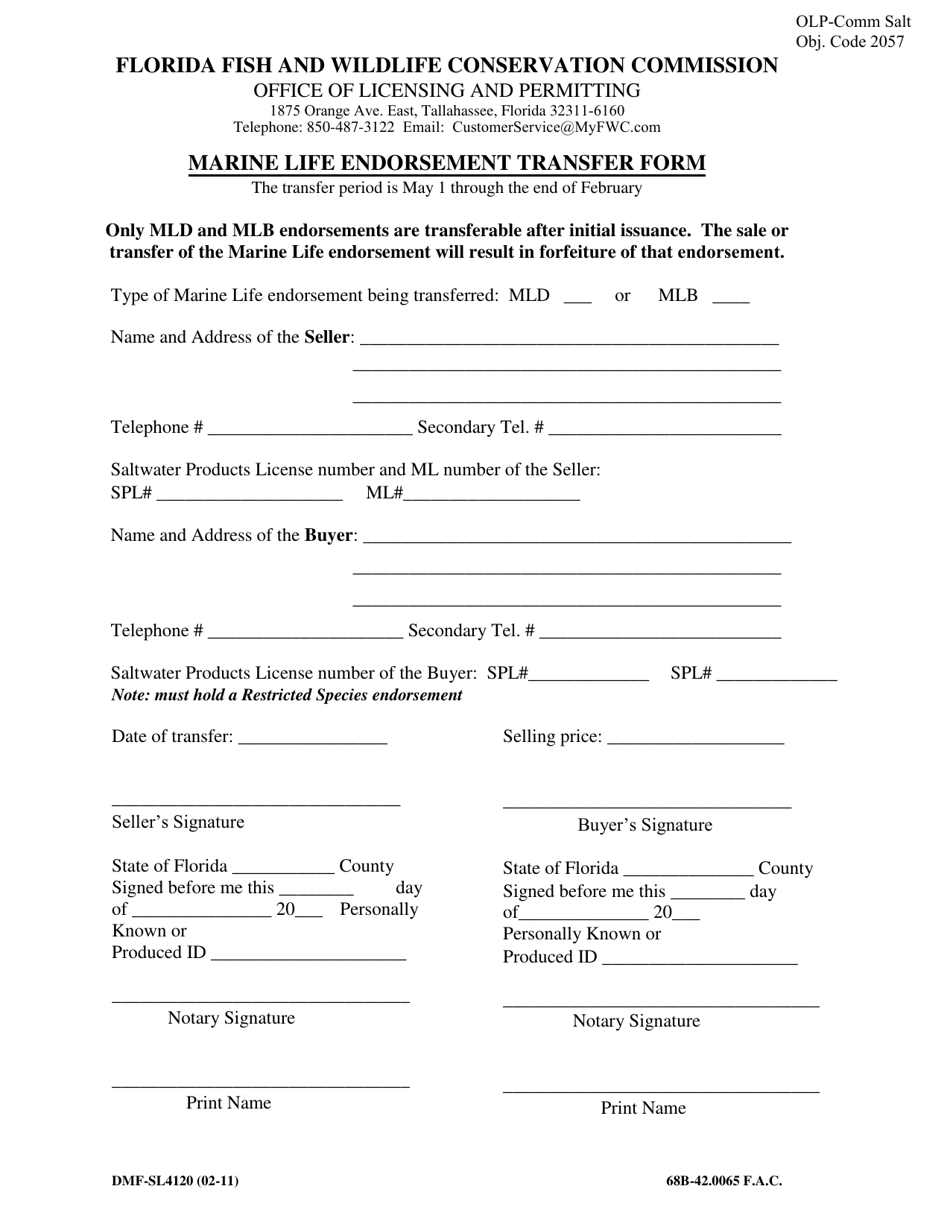 Form DMF-SL4120 Marine Life Endorsement Transfer Form - Florida, Page 1
