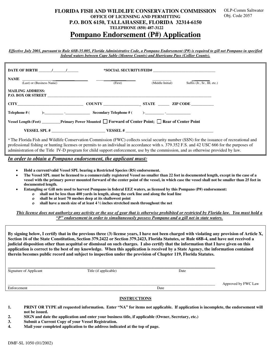 Form DMF-SL1050 Pompano Endorsement (P#) Application - Florida, Page 1