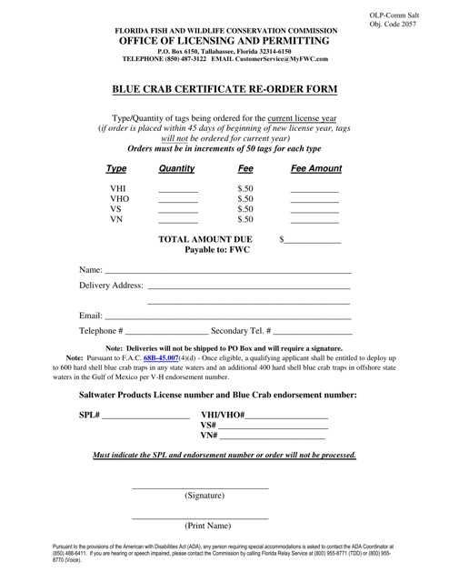 Blue Crab Certificate Re-order Form - Florida Download Pdf