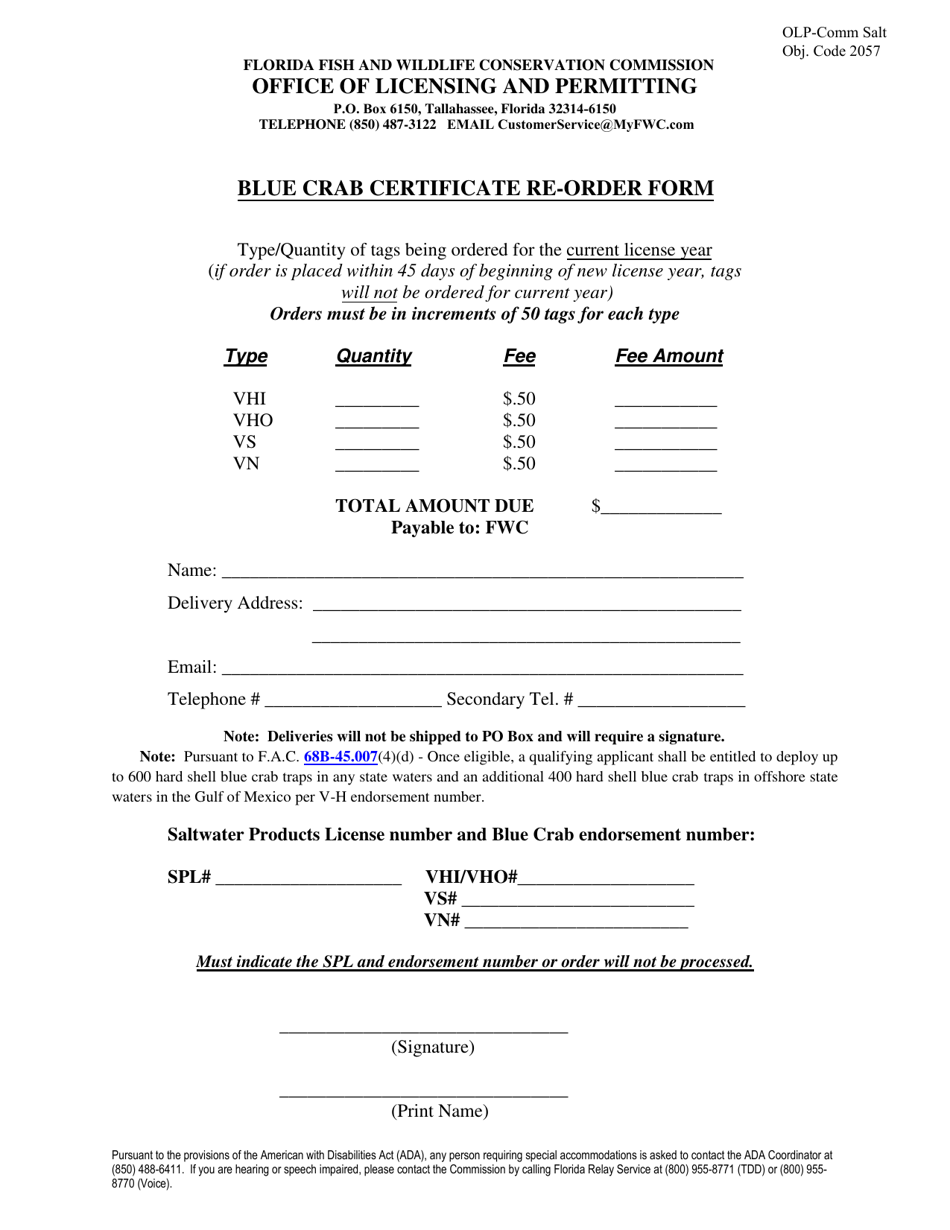 Blue Crab Certificate Re-order Form - Florida, Page 1
