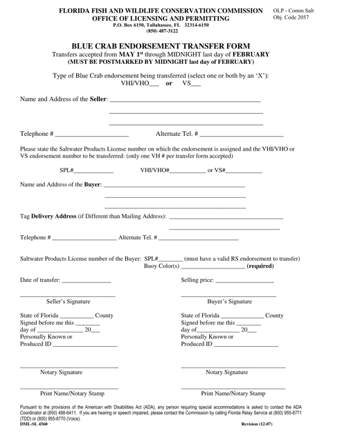 Form DML-SL4560 Blue Crab Endorsement Transfer Form - Florida