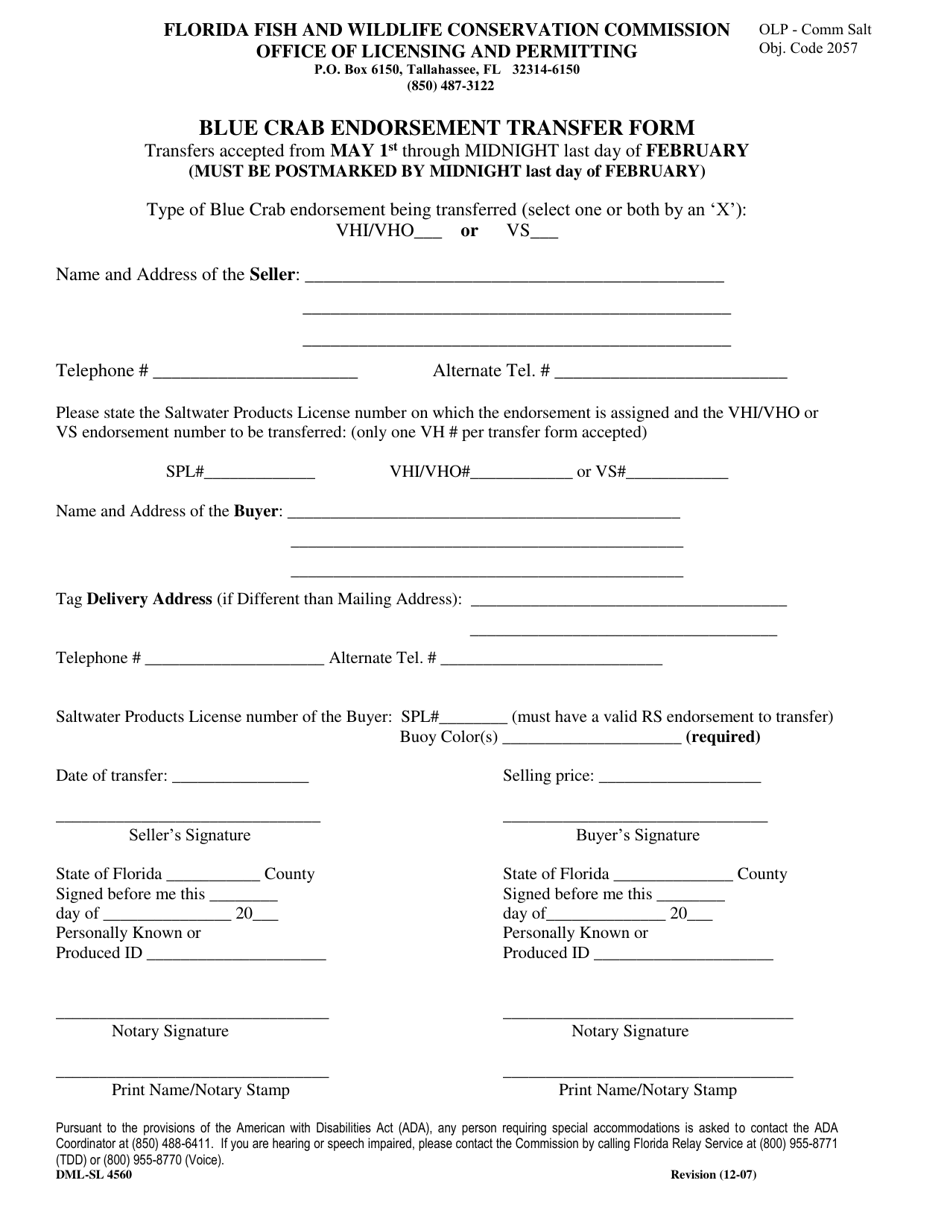Form DML-SL4560 Blue Crab Endorsement Transfer Form - Florida, Page 1