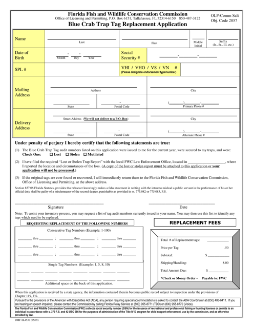 Form DMF-SL4530 Blue Crab Trap Tag Replacement Application - Florida