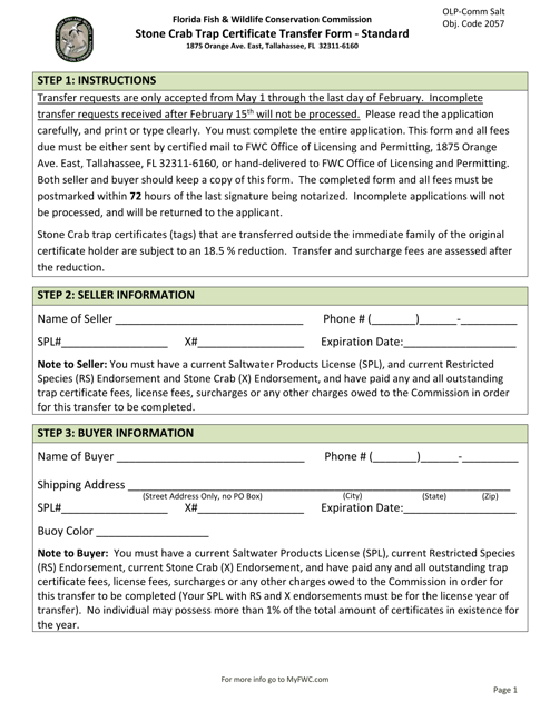 Stone Crab Trap Certificate Transfer Form - Standard - Florida Download Pdf