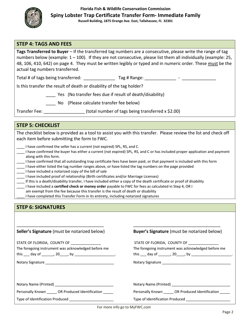 Form FWC20-173B Spiny Lobster Trap Certificate Transfer Form - Immediate Family - Florida, Page 2
