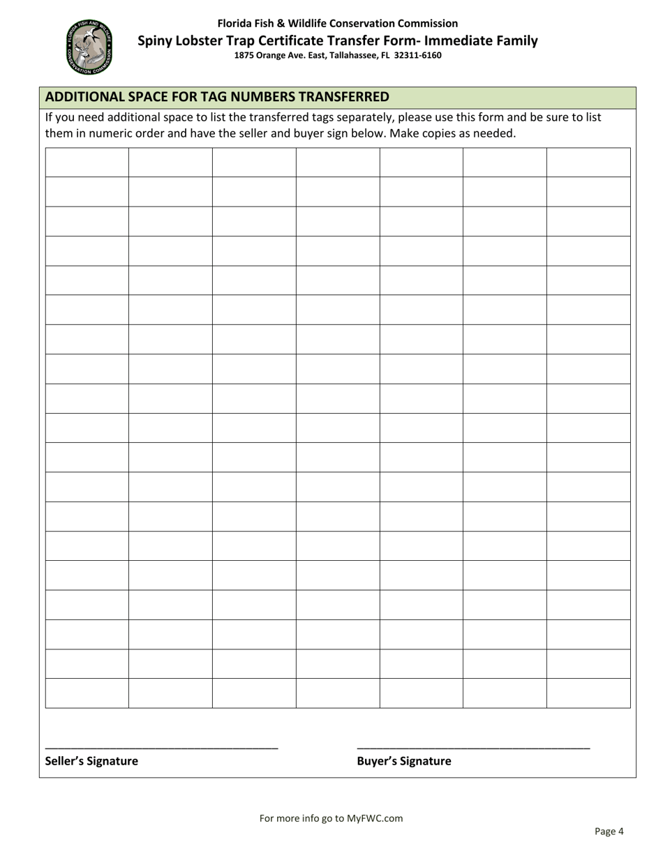 Form FWC20-173B Spiny Lobster Trap Certificate Transfer Form - Immediate Family - Florida, Page 4