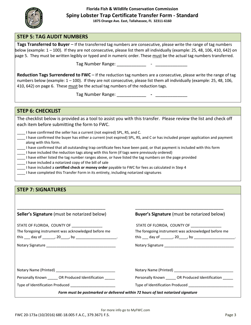 Form FWC20-173A Spiny Lobster Trap Certificate Transfer Form - Standard - Florida, Page 3
