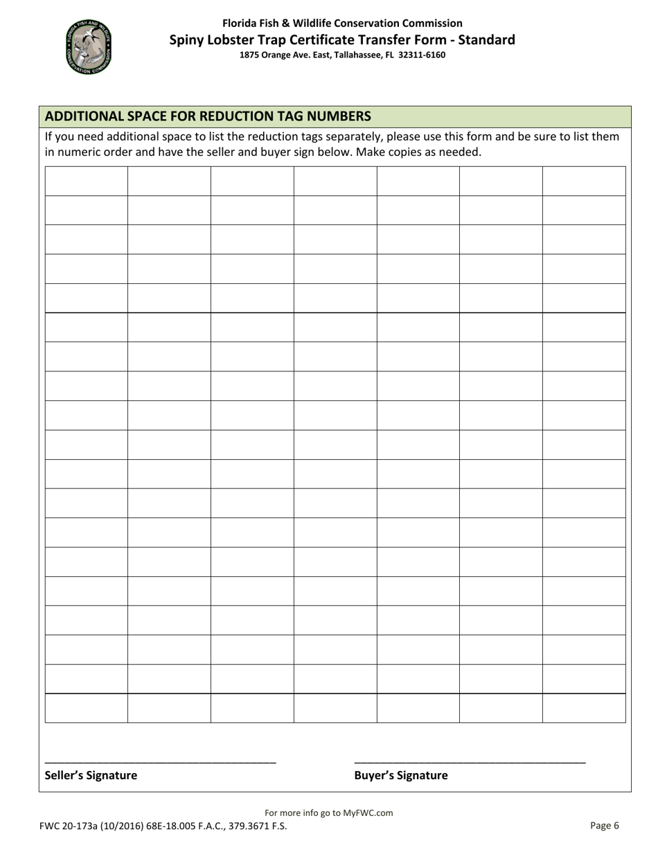 Form FWC20-173A Spiny Lobster Trap Certificate Transfer Form - Standard - Florida, Page 6