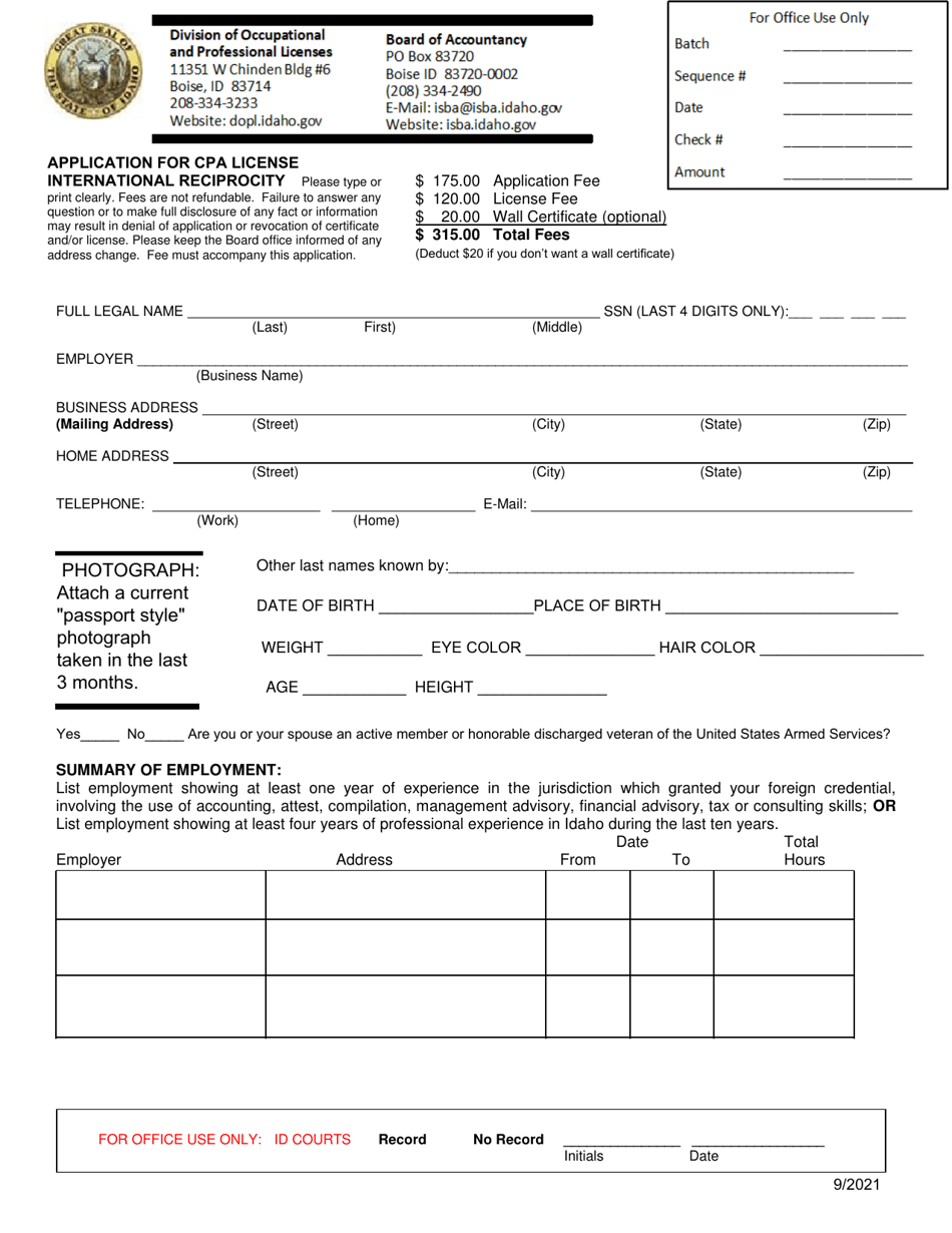 Application for CPA License - International Reciprocity - Idaho, Page 3
