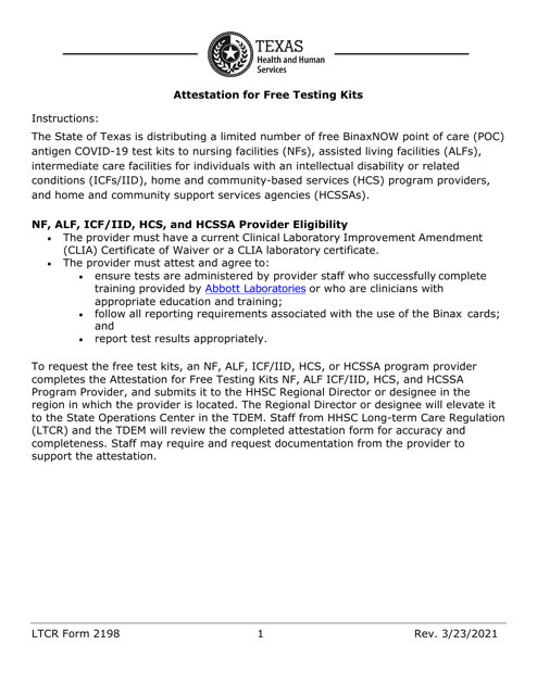 LTCR Form 2198 Attestation for Free Testing Kits - Texas