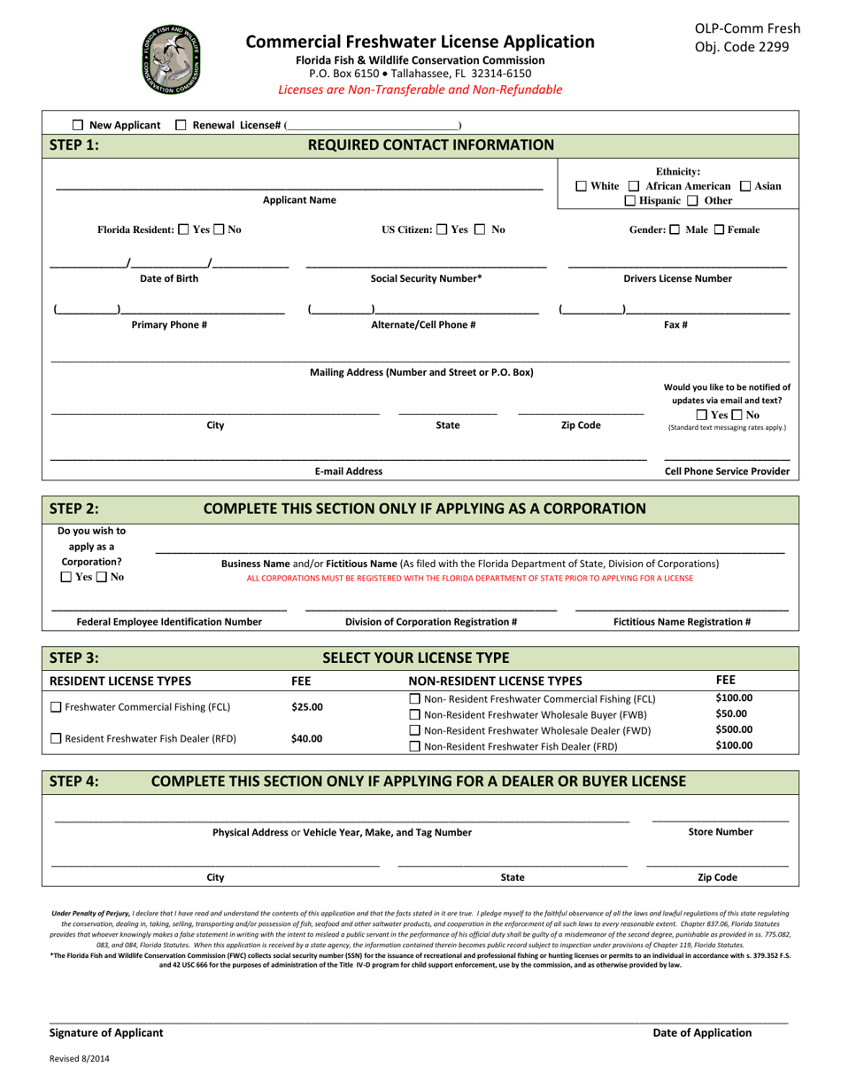 Commercial Freshwater License Application - Florida, Page 1