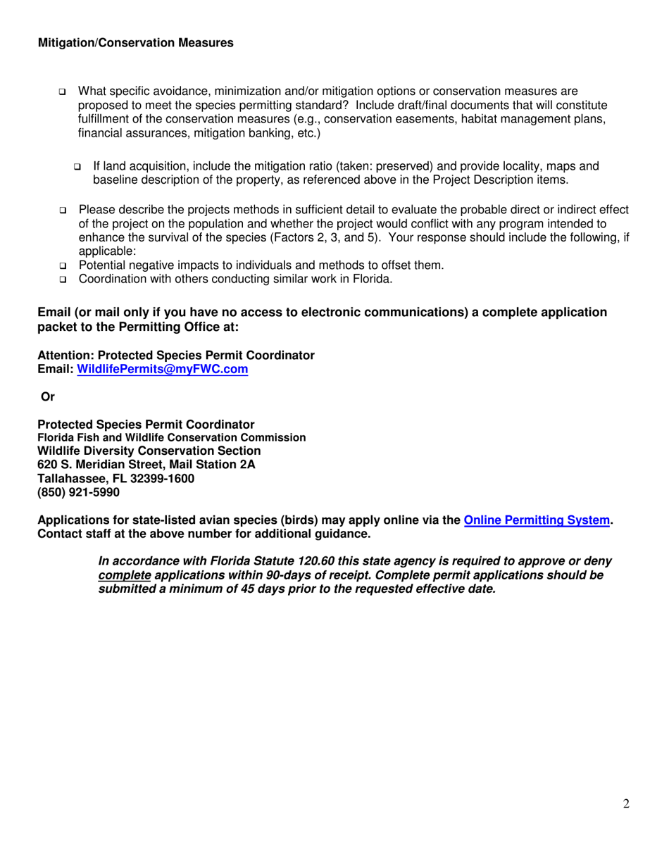 Checklist to Apply for a State Listed Species (Other Than Gopher Tortoise) Incidental Take Permit - Florida, Page 2