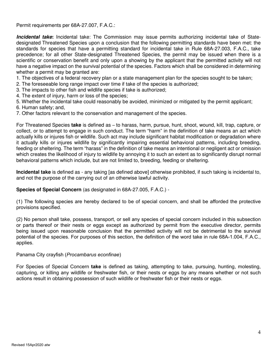 Checklist to Apply for a State Listed Species (Other Than Gopher Tortoise) Incidental Take Permit - Florida, Page 4