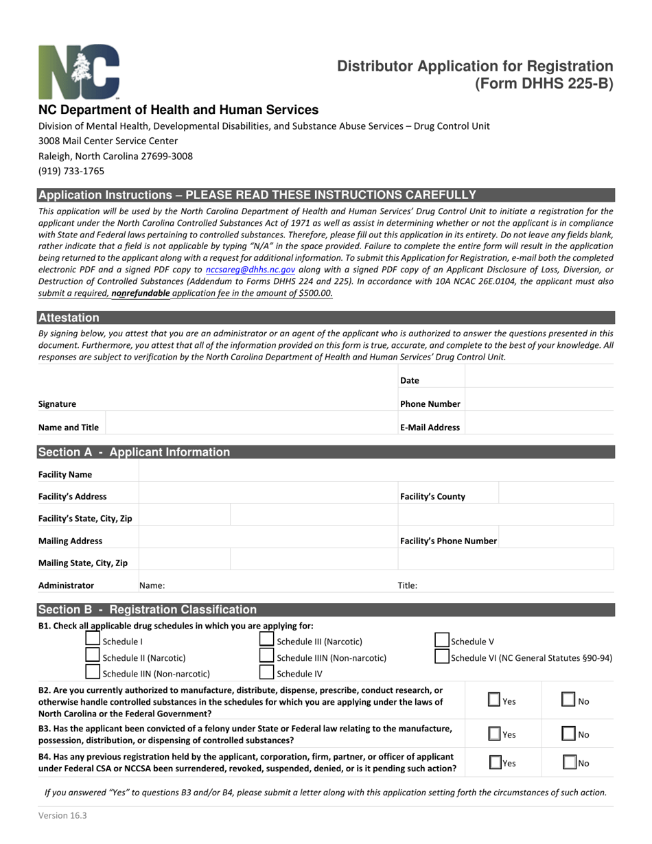 Form DHHS225-B Distributor Application for Registration - North Carolina, Page 1