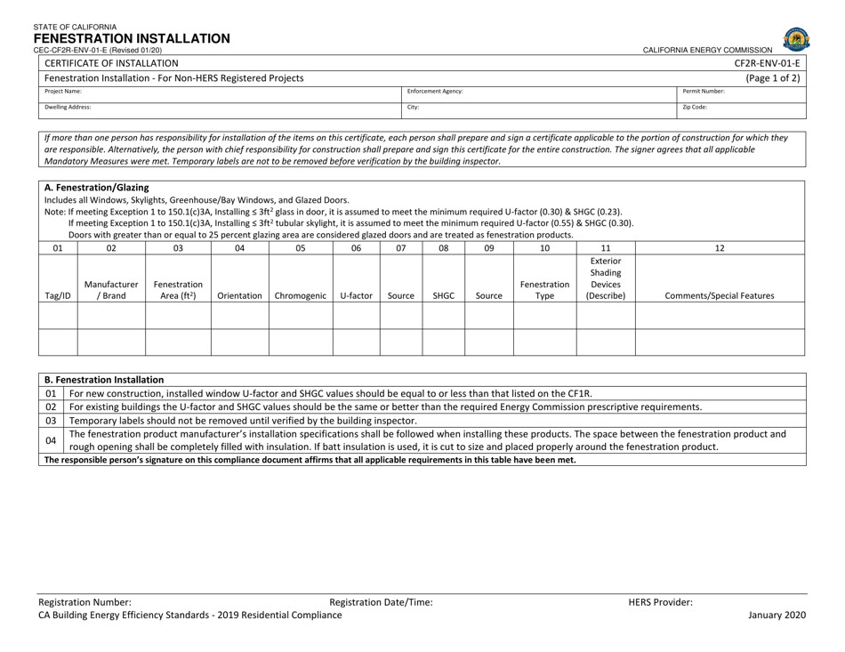 Form CEC-CF2R-ENV-01 Fenestration Installation - California, Page 1