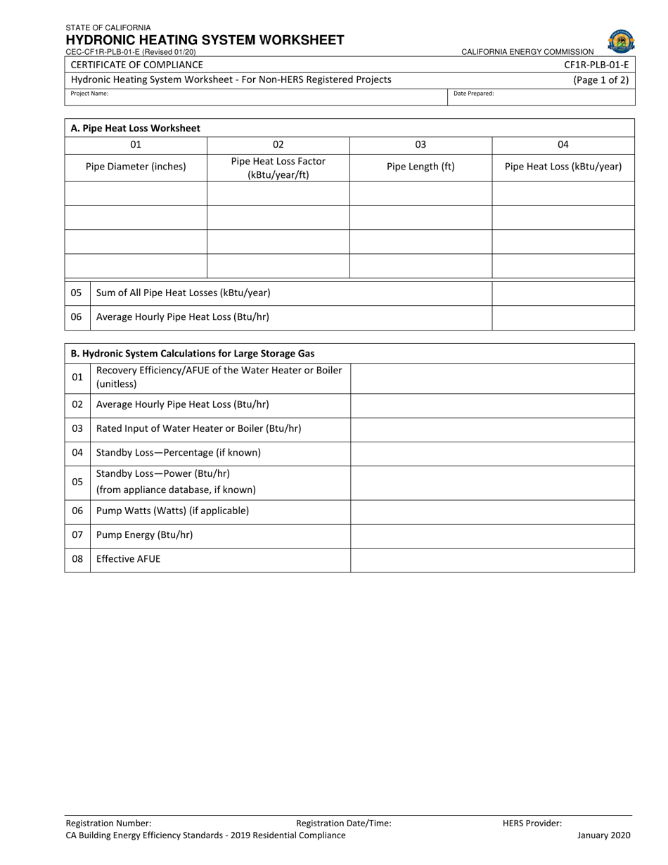 Form CEC-CF1R-PLB-01 Hydronic Heating System Worksheet - California, Page 1