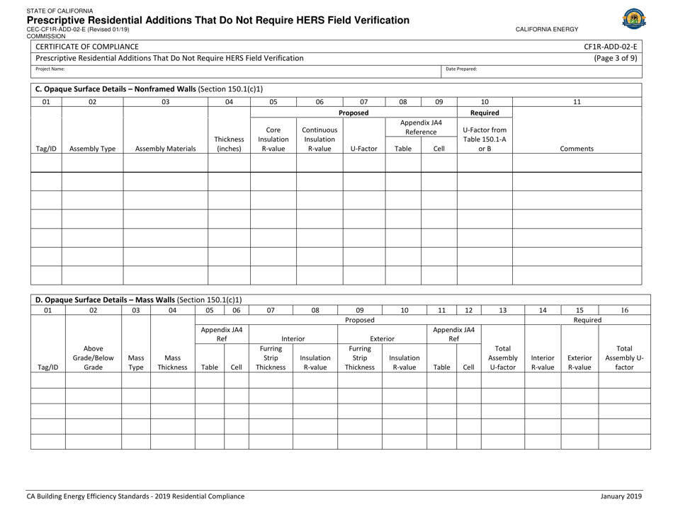 Form CEC-CF1R-ADD-02 Prescriptive Residential Additions That Do Not Require Hers Field Verification - California, Page 3