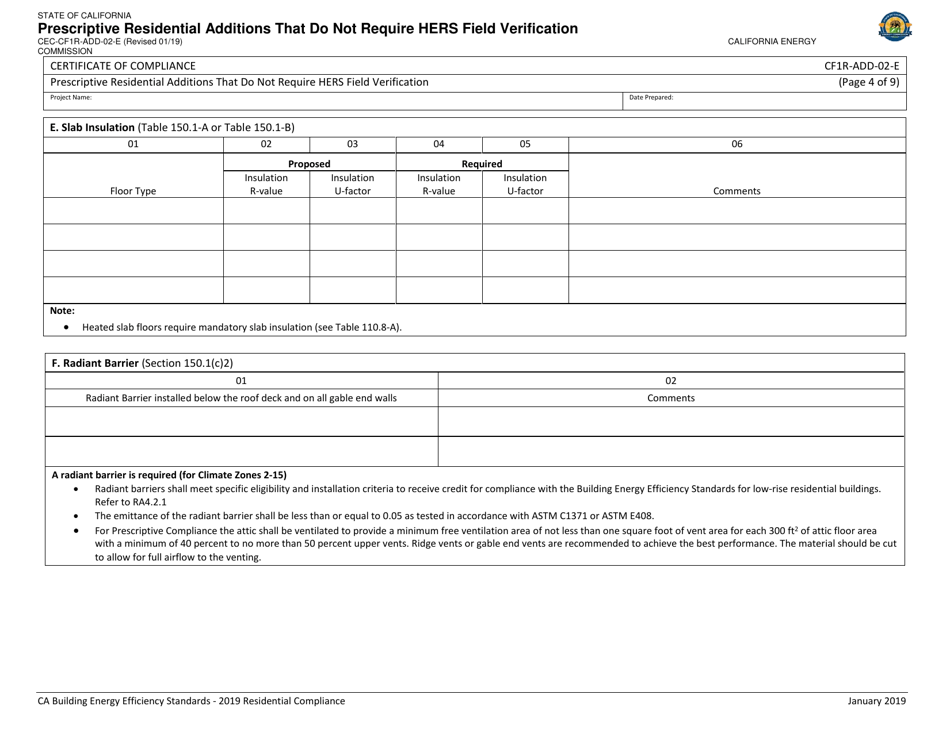Form CEC-CF1R-ADD-02 Prescriptive Residential Additions That Do Not Require Hers Field Verification - California, Page 4