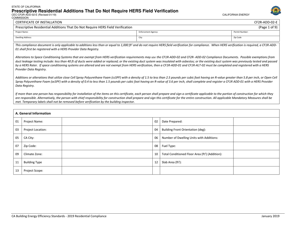 Form CEC-CF2R-ADD-02 Prescriptive Residential Additions That Do Not Require Hers Field Verification - California, Page 1