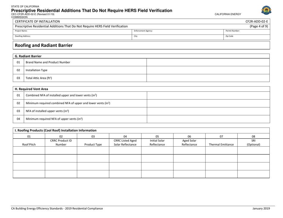 Form CEC-CF2R-ADD-02 Prescriptive Residential Additions That Do Not Require Hers Field Verification - California, Page 4