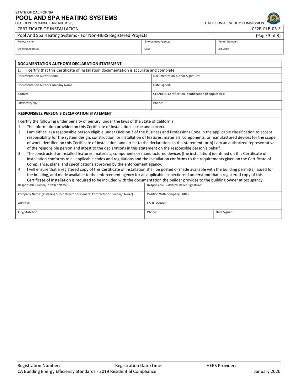 Form CEC-CF2R-PLB-03 Pool and SPA Heating Systems - California, Page 3