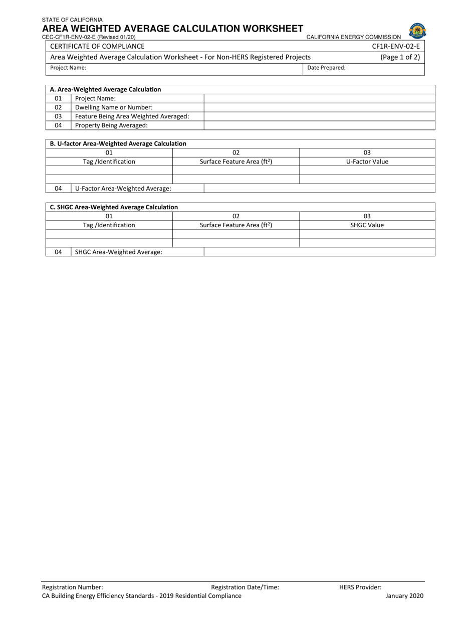 Form CF1R-ENV-02-E Area Weighted Average Calculation Worksheet for Non-hers Registered Projects - California, Page 1