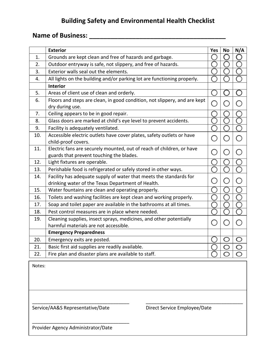 Building Safety and Environmental Health Checklist - Texas, Page 1