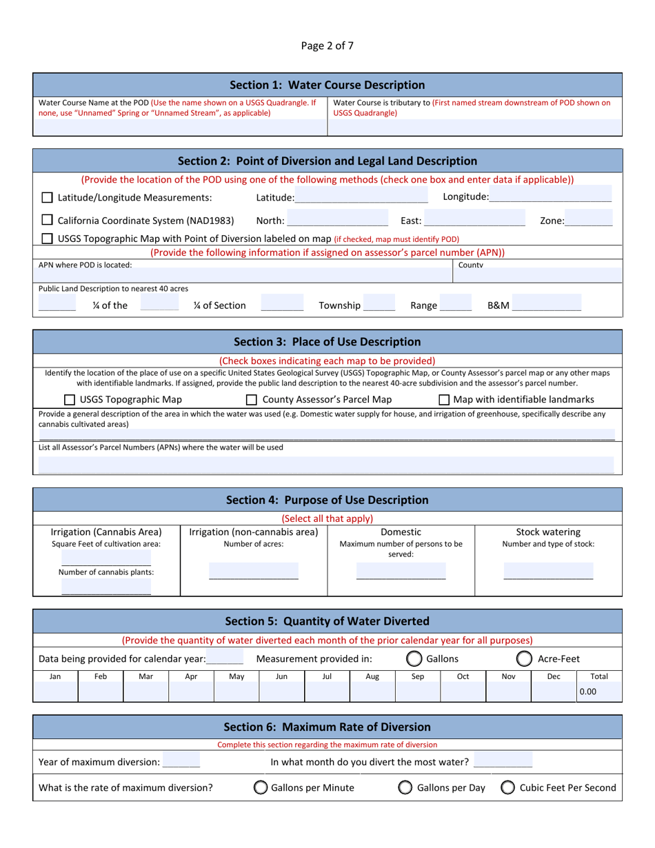 Form 26060 Form for Demonstrating Water Diversion for Cannabis Cultivation Use Is Allowed Within the Meaning of Business and Professions Code Section 26060 - California, Page 2