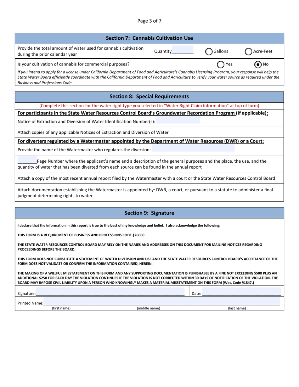 Form 26060 Form for Demonstrating Water Diversion for Cannabis Cultivation Use Is Allowed Within the Meaning of Business and Professions Code Section 26060 - California, Page 3