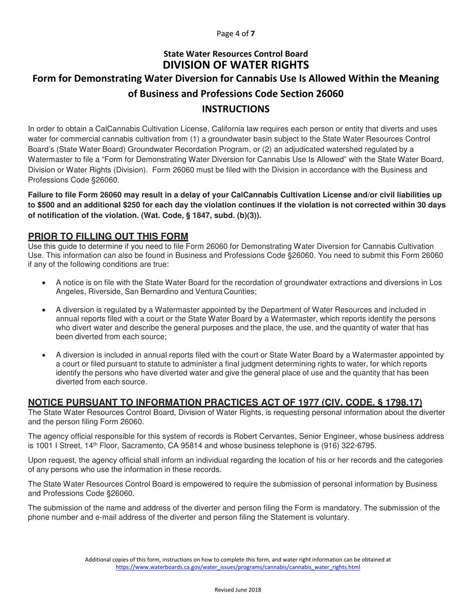 Form 26060 Form for Demonstrating Water Diversion for Cannabis Cultivation Use Is Allowed Within the Meaning of Business and Professions Code Section 26060 - California, Page 4