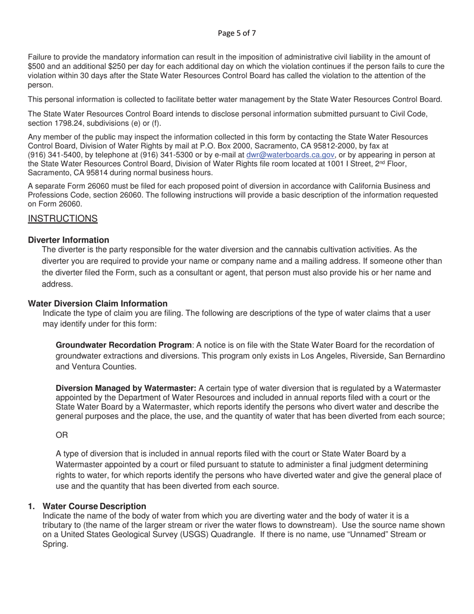 Form 26060 Form for Demonstrating Water Diversion for Cannabis Cultivation Use Is Allowed Within the Meaning of Business and Professions Code Section 26060 - California, Page 5