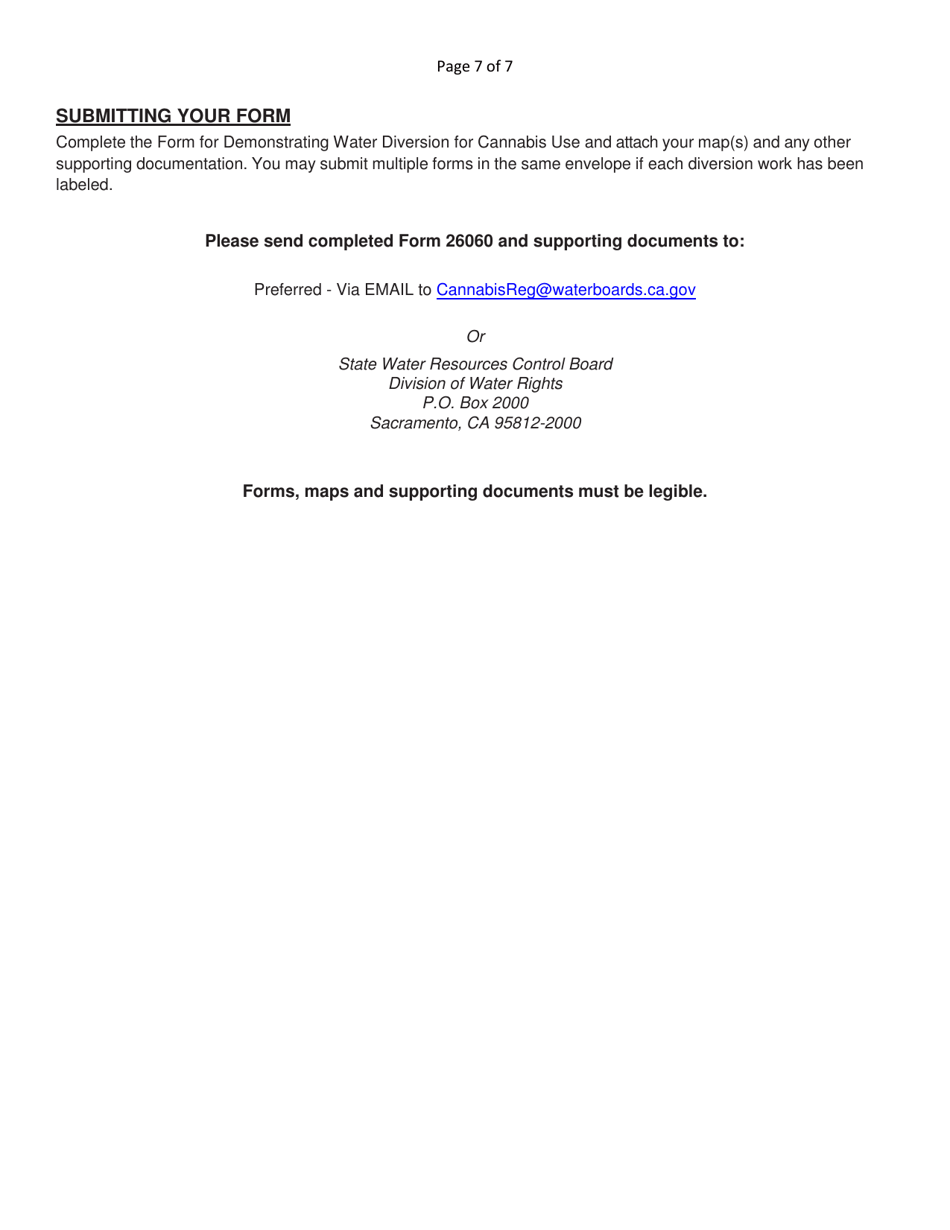 Form 26060 Form for Demonstrating Water Diversion for Cannabis Cultivation Use Is Allowed Within the Meaning of Business and Professions Code Section 26060 - California, Page 7