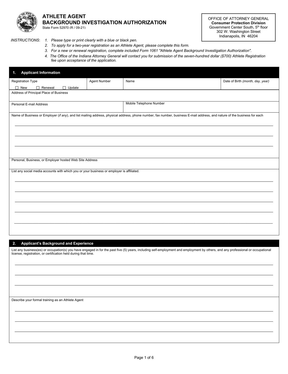 State Form 52970 Athlete Agent Background Investigation Authorization - Indiana, Page 1