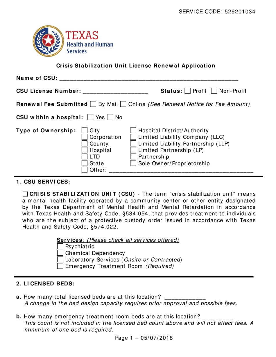 Crisis Stabilization Unit License Renewal Application - Texas, Page 1