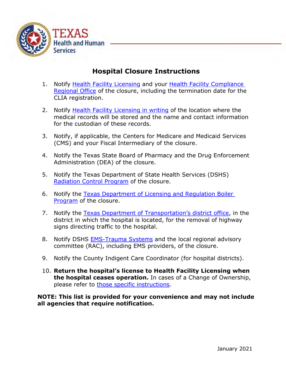 Hospital Closure Instructions - Texas, Page 1