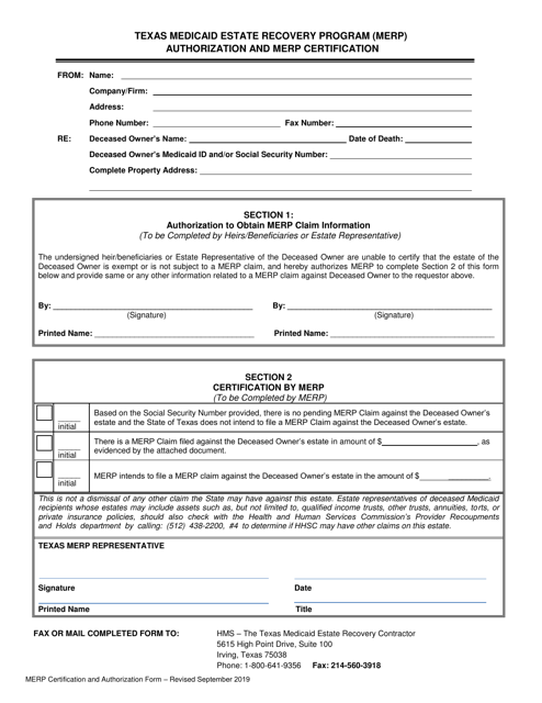 Merp Certification and Authorization Form - Texas Download Pdf