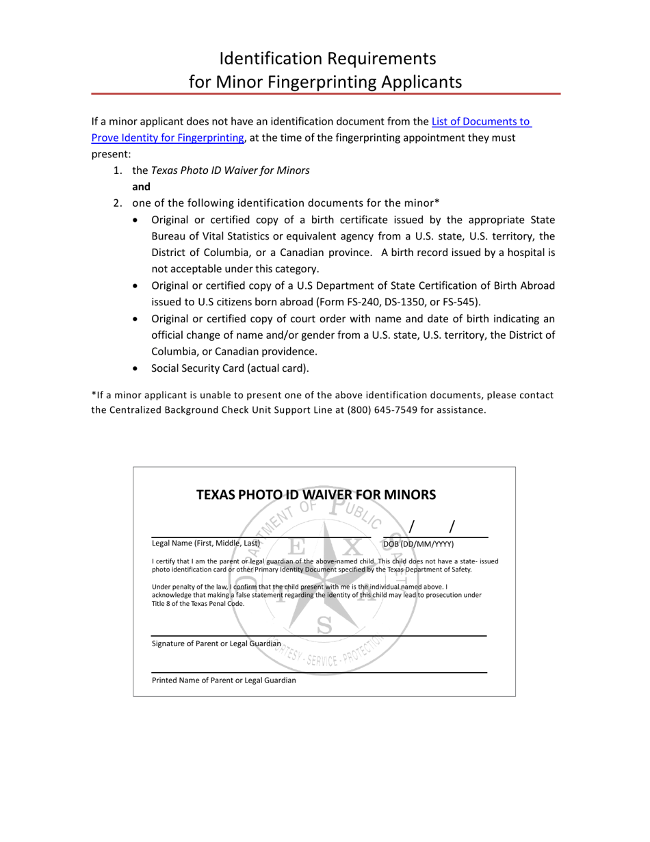 Identification Requirements for Minor Fingerprinting Applicants - Texas, Page 1