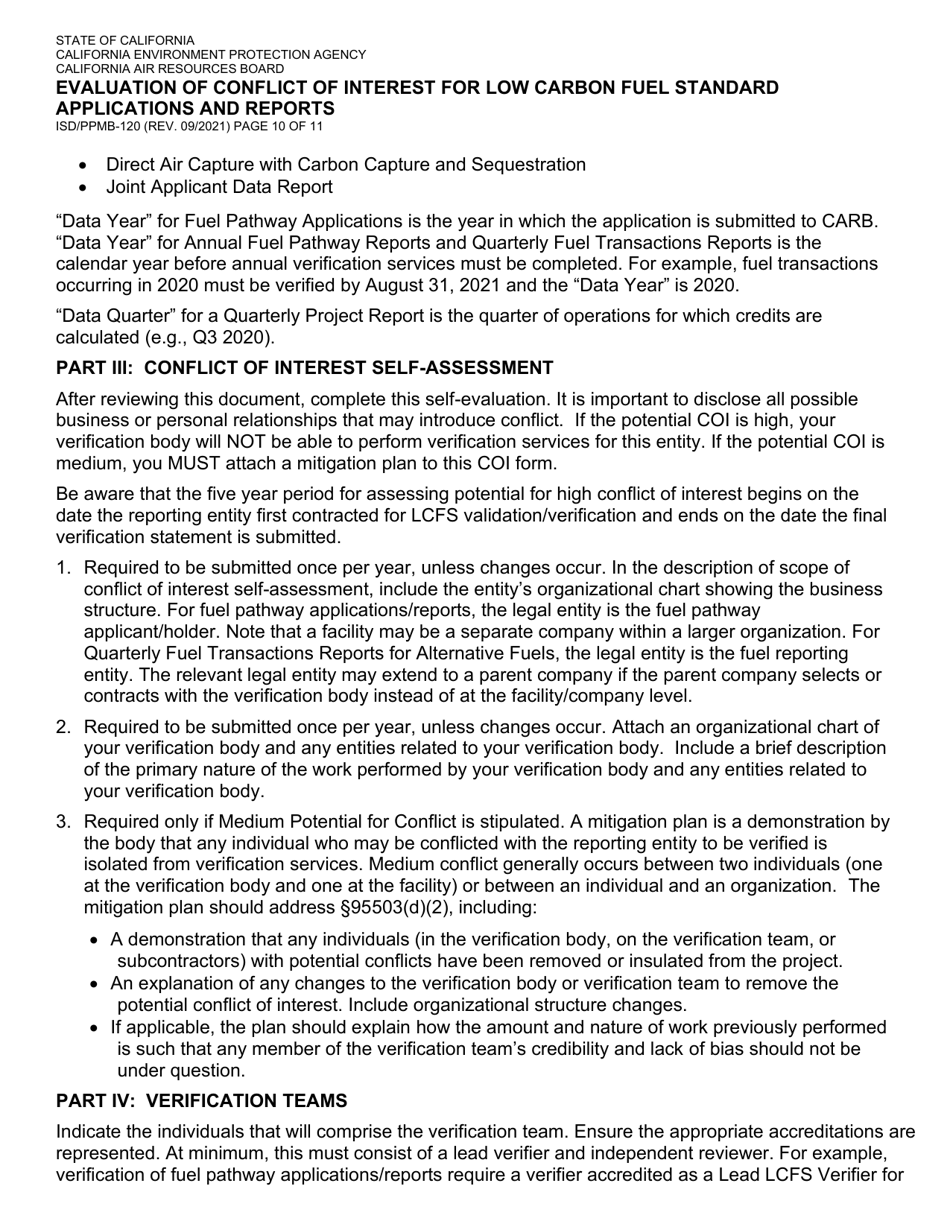 Form ISD / PPMB-120 Evaluation of Conflict of Interest for Low Carbon Fuel Standard Applications and Reports - California, Page 10
